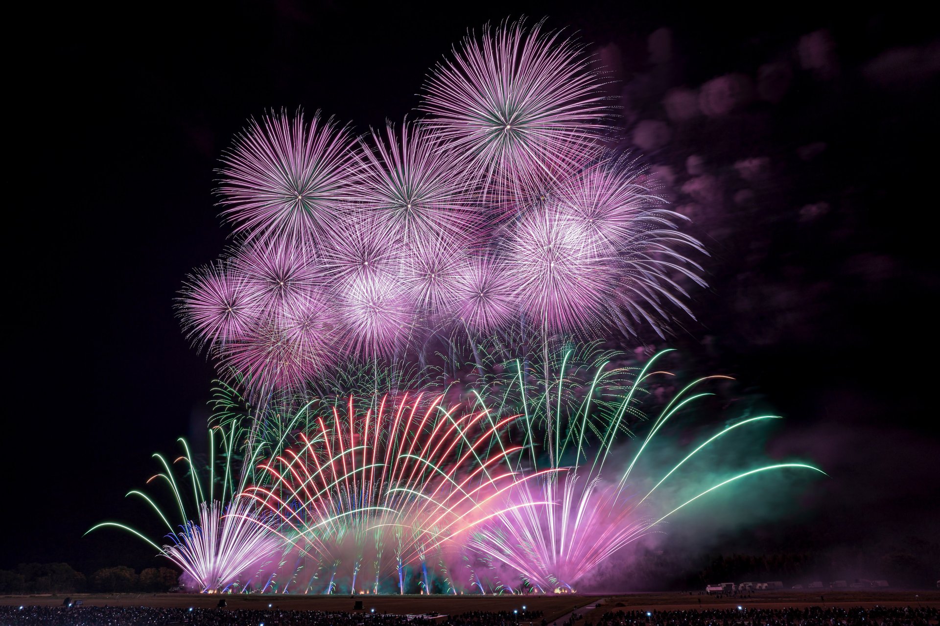 河川敷の特等席から見上げるにし阿波の花火